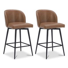 two brown upholstered barstools with black metal legs and backrests