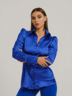 Luxury Long Sleeve Satin Shirt, Elegant Long Sleeve Shirt For Night Out, Luxury Satin Tops For Office, Luxury Satin Formal Shirt, Luxury Long Sleeve Satin Top, Luxury Satin Long Sleeve Tops, Elegant Party Shirt, Blue Silk Formal Tops, Blue Silk Long Sleeve Blouse