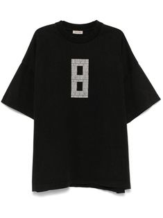 black cotton jersey texture ribbed crew neck drop shoulder short sleeves number print to the front logo patch to the rear straight hem Black Short Sleeve Top With Number Print, Black Crew Neck T-shirt With Number Print, Black Number Print Crew Neck T-shirt, Black Graphic Tee With Number Print, Latest T Shirt, Statement Shirt, Fear Of God, Grey Prints, Short Suit