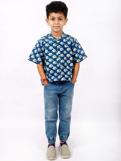 Crafted with love and intent, our Organic Muslin Shirt for boys is the perfect addition to your boy's fashion and fall clothing. Designed with a smart mandarin collar, this half sleeve shirt flaunts a majestic elephant animal print, each shirt handblock printed with precision to tell a unique story. The organic cotton shirt features enchanting indigo hues, captivating the eye and bringing out the essence of a true sustainable style. Our product isn't just a boy's shirt but a birthday gift they'l Printed Cotton Half Sleeve T-shirt, Casual Printed Half Sleeve T-shirt, Casual Printed Half-sleeve T-shirt, Casual Half Sleeve Printed T-shirt, Printed Relaxed Fit Half Sleeve Shirt, Casual Printed Half Sleeve Shirt, Casual Printed Half-sleeve Shirt, Casual Half Sleeve Printed Shirt, Casual Blue Half Sleeve Shirt