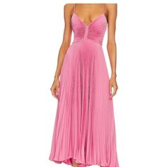 Beautiful Pink Alc Maxi Dress Feminine Summer Evening Dress With Pleated Bodice, Feminine A-line Cocktail Maxi Dress, Summer V-neck Evening Dress For Dinner, Feminine Midi Length Evening Dress, Elegant Ruched Evening Dress For Spring, Spring Pink Evening Dress With Pleated Bodice, Chic A-line Maxi Dress For Dinner, Summer Evening Dress With Pleated Bodice, Spring Formal Ruched Evening Dress