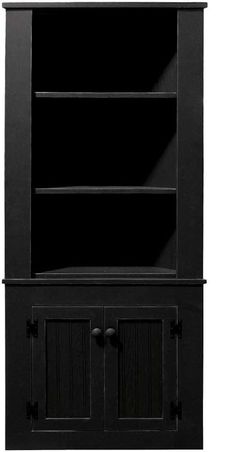 a black bookcase with two doors and drawers on one side, the door is open