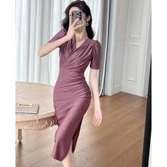 Summer V-neck Slim Purple Dress - SweatshirtsHoodies.com Solid Color Stretch Midi V-neck Dress, Stretch V-neck Midi Dress, Fitted Ruched V-neck Evening Dress, Solid Color Stretch V-neck Bodycon Dress, Solid V-neck Stretch Bodycon Dress, V-neck Ruched Midi Dress, Fitted Ruched V-neck Dress, V-neck Elastane Midi Dress, Stretch V-neck Bodycon Dress