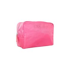 a pink cosmetic bag with the word em jay on it's front and side