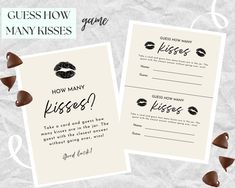 two cards with chocolate kisses on them and the words guess how many kisses are there?