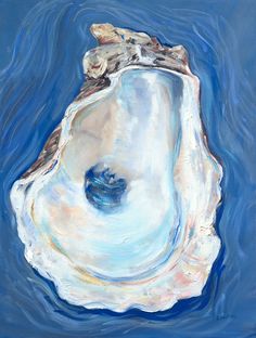 a painting of an oyster shell in blue water