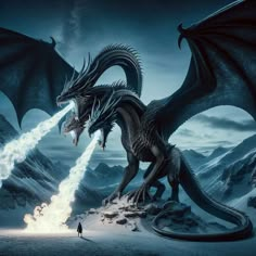 a black dragon with its mouth open and it's wings wide open, shooting fire at the viewer