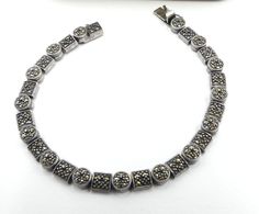 "Vintage sterling silver marcasite bracelet, In good vintage condition. It's 7\" ¼ long 6 mm wide and 4 mm thick. Weighs 19 gram. It's has been tested and guarantee sterling silver. Thanks." Marcasite Bracelet, Swarovski Brooch, Sterling Silver Marcasite, Enamel Flower, Silver Enamel, Earrings Photo, Moon Stone, Chain Link Bracelet, Vintage Signs