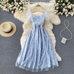 Fabric: blendedColor: blueSize(cm): S, M, LS length 118 bust 85 waist 66M length 119 bust 89 waist 70L length 120 bust 93 waist 74 Light Blue A-line Summer Dress, Elegant Blue Mesh Dress For Spring, Blue Fitted Mesh Dress For Spring, Fitted Blue Mesh Dress For Spring, Elegant Blue Mesh Summer Dress, Elegant Blue Mesh Dress For Summer, Summer Prom Dress With Square Neck, Square Neck Summer Prom Dress, Chic Blue Mesh Dress For Spring