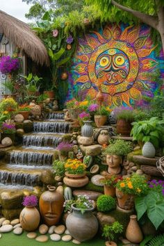 a garden with lots of plants and flowers on the ground next to a wall that has a sun painted on it