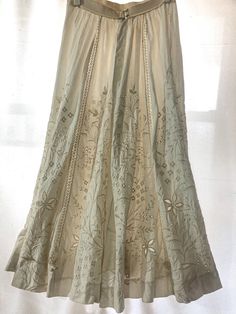 Vintage Long Skirts, Bohemian Lace Dress With Broderie Anglaise, Traditional Summer Dress With Tiered Skirt, Bohemian Cotton Dresses With Broderie Anglaise, Flowy Skirt Dress With Lace Trim, Vintage Long Lace Skirt, Traditional Spring Dresses With Tiered Skirt, Vintage Long Beige Skirt, Vintage Dresses With Flowy Skirt