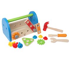 a wooden toy set with tools and construction materials