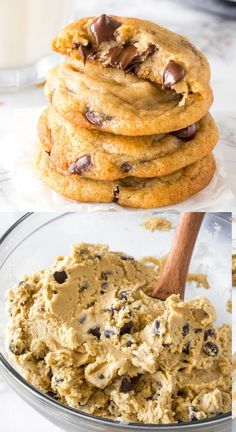 three different views of cookies and dough in glass bowls, one with chocolate chips on top