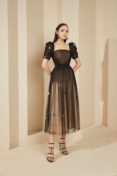 Aniston Pleated Puffy Sleeved Mesh Sheer Dress | MEAN BLVD Luxury Evening Tulle Dress, Couture Tulle Evening Dress, Sheer Midi Dress With Fitted Bodice For Evening, Organza Midi-length Evening Dress, Luxury Tulle Party Dress, Organza Midi Length Evening Dress, Organza Evening Dress, Midi Length, Couture Tulle Party Dress, Luxury Spring Dress With Sheer Sleeves