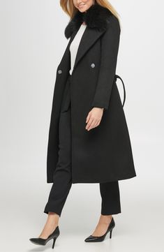 An inset bib panel with a stand collar brings runway-ready edginess to a belted coat woven from a luxurious wool blend. 46" length (size S) Drape collar with inset stand collar Long sleeves Asymmetric zip closure Front welt pockets Lined Shell: 60% wool, 40% polyester; Faux fur: 50% acrylic, 50% modacrylic 
 Dry clean Imported Model Stats: 5'10" height; 34" bust; 27" waist; 35" hips. Model is wearing size S. Karl Lagerfeld Paris, Wool Blend Coat, Belted Coat, Fur Trim, Stand Collar, Karl Lagerfeld, Wool Blend, Faux Fur, Trench Coat