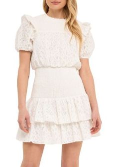 Smocked Lace Dress | Endless Rose Women's Smocked Lace Dress, White, Small Lace Dress White, Dress White, Smocking, Puff Sleeve, Lace Dress, Casual Dresses, Dress Outfits, Mini Dress, Lace