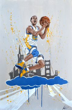 a painting of a basketball player jumping in the air