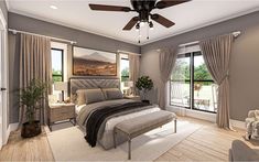 a bedroom with a large bed and ceiling fan in it's centerpieces