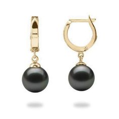 A pair of 14K yellow gold pierced dangeld horseshoe earrings set with two semi-round Tahitian pearls, 9-10mm and blackish in color. Due to their nature, no two pearls are alike. Pearls will vary in color, shape and overtone. Dimples, birthmarks, surface imperfections may be present and speak to their nature making each pearl unique. Luxury Black Pearl Earrings, Classic Tahitian Pearl Jewelry With Matching Earrings, Classic Tahitian Pearl Earrings, Classic Tahitian Pearl Drop Jewelry, Classic Black Tahitian Pearl Earrings, Horseshoe Earrings, Black Pearl Earrings, Black Pearls, Hawaiian Jewelry