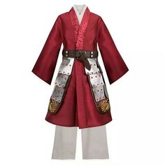 Disney Store Live Action Mulan Costume Check out my other listings - Many Disney and Kids/Baby Clothes Mulan Deluxe Costume for Kids – Live Action Film Authentic Disney Costume Includes tunic, pants and robe Red robe with wide cuffs Screen art patterns on collars Attached brown faux leather belt with silver studs and faux knot at center Self-stick fabric tab closure behind belt knot Brown satin side panels Embroidered dragon appliqués at side panel hems Vinyl ''armor'' panels with worn silver sc Mulan Live Action, Yifei Liu, The Last Olympian, Disney Princess Costumes, Princess Halloween, Princess Halloween Costume, Mulan Disney, Costume For Kids, Elastic Waistband Pants