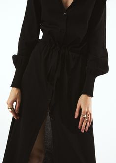 Details: Midi-sized dress shirt collar front button waist rubber long sleeves and cuffs. Long Sleeve Belted Shirt Dress For Date Night, Long Sleeve Shirt Dress For Date Night, Classic Long Sleeve Midi Dress For Date Night, Long Sleeve Belted Cuffs Shirt Dress For Fall, Chic Long Sleeve Shirt Dress With Belted Cuffs, Chic Long-sleeve Shirt Dress With Belted Cuffs, Fall Long Sleeve Belted Dress, Chic Long Sleeve Midi Dress With Belted Cuffs, Black Midi Dress With Elastic Sleeves For Fall