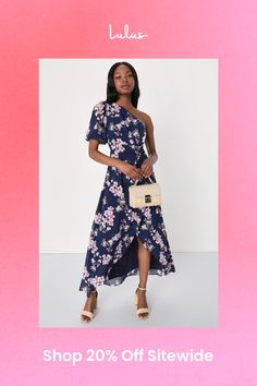 Nothing will make you want to show off your sense of style more than the Lulus Sensational Perfection Navy Floral One-Shoulder High-Low Dress! Airy woven chiffon, with a darling floral print throughout, shapes a lightly gathered bodice and a one-shoulder neckline, framed by a single puff sleeve (with elastic at the cuff). The high, banded waist sits atop an overlapping skirt that boasts a faux-wrap silhouette before falling to a subtle high-low hem. Hidden side zipper/clasp. Fit: This garment fits true to size. Length: Ankle length. Size medium measures 55" from shoulder to hem. Bust: Great for any cup size. Waist: Fitted - very fitted at natural waist. Hip: Not Fitted - room for hips. Undergarments: May be worn with a strapless bra, adhesive bra, petals, or no bra. Fabric: Fabric has no s Chic One-shoulder Dress For Vacation, Chic One Shoulder Midi Dress For Garden Party, Feminine One Shoulder Floral Print Maxi Dress, Chic One Shoulder Off-shoulder Dress For Spring, Chic One Shoulder Dress For Garden Party, Feminine One-shoulder Floral Maxi Dress, Chic One-shoulder Dress For Spring, Chic Floral Print Off Shoulder Dress For Garden Party, Chic Floral Print One Shoulder Dress For Brunch