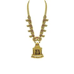 22K Yellow Gold Necklace W/ Ruby, Emerald & Large Laxmi Temple Pendant on Flower Carved Chain - Virani Jewelers Luxury Engraved Silver Temple Necklace, Yellow Temple Jewelry For Puja, Yellow Jewelry For Puja, Yellow Temple Jewelry With Intricate Design, Ornate 22k Gold Jewelry For Puja, Gold Temple Necklace For Puja With Intricate Design, Temple Jewelry Filigree Necklace For Puja, Ornate Temple Necklace With Meenakari For Puja, Yellow Temple Jewelry Necklace For Wedding