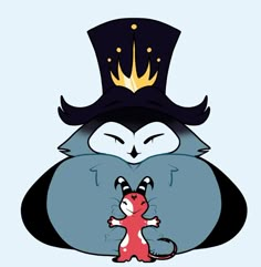 a penguin with a hat on its head and a cat in the other hand, hugging