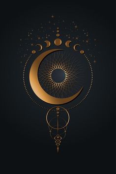 the moon and crescent with stars on a black background, it looks like an intricate design