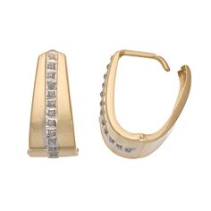 Simply stunning. Diamond accents line these 14k gold U-hoop for incredible style.Earring Details: Length: .75-in. Backings: leverback Metal: 14k goldDiamond Details: Carat total weight: less than 1/10 Cut: roundImage(s) may be enlarged to show detail.Diamond weights are approximate. Diamond total weights may vary between .01 and .08 ct. Some diamonds have fewer than 17 facets.Gemstones may have been treated to enhance their appearance. Special care may be required. Please visit our Gemstone Trea Modern Channel Set Earrings For Formal Occasions, Modern Formal Diamond Earrings Channel Set, Formal Hoop Earrings Channel Set, Formal Hoop Earrings With Channel Set, Channel Set Hoop Earrings For Formal Occasions, Formal Channel Set Hoop Jewelry, Modern Diamond Cut Hoop Earrings For Formal Occasions, Gold Channel Set Earrings For Formal Occasions, Gold Baguette Cut Huggie Earrings For Anniversary