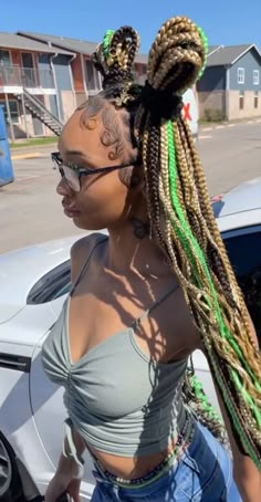 Cute Braids With Color, Long Box Braids Hairstyles Color, Hair Color Combos For Braids, Green And Brown Braids, Braid Color Ideas For Black Women, 3 Different Color Box Braids, Cute Box Braids