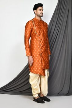 Orange full sleeve kurta with floral jacquard woven motifs and mandarin collared neckline. Paired with cream dhoti pant. - Aza Fashions Mens Dhoti Kurta, Dhoti Kurta Pancha For Men, Orange Colour Kurta For Men, Dhoti Mens Traditional, Yellow Dhoti Kurta For Men, Dhoti Pants, Jacquard Weave, Mandarin Collar, Full Sleeve