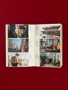 an open book with pictures of buildings and people in it on a red table top