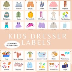 the kids's dresser labels are shown in different colors and sizes, including pinks