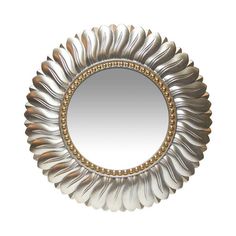 a silver and gold sunflower mirror with beading around the edges, on a white background