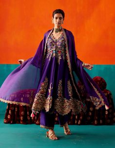 Aman Takyar | Purple Floral Embroidered Anarkali Set | INDIASPOPUP.COM Transitional Anarkali Palazzo Set With Floral Embroidery, Festive Anarkali Palazzo Set With Floral Embroidery, Purple Chanderi Anarkali Set For Reception, Purple Palazzo Set With Sheer Dupatta For Diwali, Purple Georgette Palazzo Set With Traditional Drape, Traditional Drape Purple Palazzo Set With Dabka Work, Traditional Drape Purple Georgette Palazzo Set, Designer Festive Floral Anarkali Set, Elegant Purple Chanderi Palazzo Set