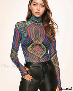 OliviaMark - Premium Long Sleeve Thumbhole T-Shirt featuring Exquisite 3D Print Design and Semi-Transparent High Neck Base Layer 3d Print Design, Stand Collar Shirt, Sleeve Stencil, Tied T Shirt, Fall Attire, Lace Trim Shorts, Maxi Dresses Fall, Layered T Shirt, Sophisticated Dress