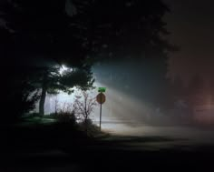 a foggy street at night with a stop sign in the foreground and trees on the other side