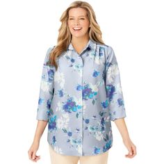 This soft button down has a comfy, generous fit and a peached finish for extra smoothness. Three-quarter sleeves with a turnback cuff are easy and polished, making it a great piece for everyday wear or for work. Super comfortable and versatile – it’s just what you need. Three Quarter Sleeve Shirt, Gauze Shirt, Women's Button Down Shirt, Womens Scrubs, Woman Within, Pearl Grey, Button Front Shirt, Cardigan Tops, Comfortable Outfits