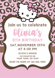 a hello kitty birthday party with pink and brown cheetah print on the front