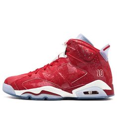 This Air Jordan 6 "Slam Dunk" is decked out in a varsity red leather appearance with tonal 3M graphics of Sakuragi’s legacy throughout. The upper of the predominantly red shoe illustrates the key moments of this transformation, and also worth mentioning is the presence of the number 10, the number that Sakuragi sports on his back in the manga. (AJ6/SNKR/Unisex/High Top/Basketball) Sporty Red Basketball Shoes With Perforations, Red Perforated Sneakers For Streetwear, Red Leather Basketball Shoes For Streetwear, Red Sneakers With Padded Tongue For Sneaker Matching, Red Sneakers With Padded Tongue For Streetwear, Casual Red Basketball Shoes With Perforations, Casual Red Sneakers With Padded Tongue, Red Low-top Basketball Shoes For Outdoor, Red High-top Outdoor Basketball Shoes