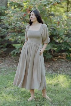 Hartselle Dress - Taupe – Neuflora Homestead Wardrobe, Cohesive Wardrobe, Farmhouse Wardrobe, Minimal Cottagecore, Dresses Feminine, Neutral Capsule Wardrobe, Moody Vibes, Build Your Wardrobe, Fashion Romantic