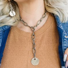 Details Classic brass or antiqued silver links that add a pop to any look. Great layering piece with classic raw brass links. Long necklace pictured is two Classic Necklaces connected. Round Twisted Silver token and giant clasp are included on necklace. Raw Brass 20" L Trendy Silver Metal Lariat Necklace, Everyday Silver Brass Chain Necklace, Silver Lariat Toggle Necklace, Silver Metal Lariat Toggle Necklace, Nickel Free Metal Lariat Necklace, Gunmetal Jewelry With Silver Chain, Gunmetal Link Metal Jewelry, Silver Chain Link Necklace In Brass, Silver Brass Chain Link Necklace