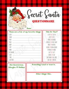 a printable santa's list is shown on a red and black checkered tablecloth