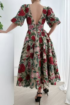 This luxurious midi dress is crafted from the finest materials and finished with a timeless rose embroidery. It features voluminous puff sleeves and a flattering V neckline for an elegant and exclusive look. Perfect for special occasions, this timeless piece will make an unforgettable addition to your wardrobe. Bust and Skirt with full lining. 100% Polyester 100% Recycled polyester lining Concealed zip at center back Imported Rose Embroidery, Tea Length, Above Knee, Look Fashion, Gorgeous Dresses, V Neckline, Puff Sleeves, Pretty Dresses, Vestidos De Fiesta