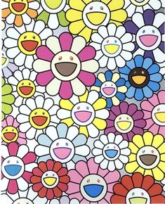 an image of colorful flowers with faces on them