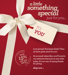 a red gift box with a white ribbon and tag that says, i love giving and great deal when you give 15 % off