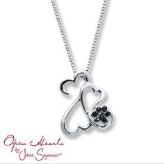 This Open Hearts Family necklace features a paw print – perfect for the proud pet parent. Black Diamond Necklace, Open Heart Necklace, Family Necklace, Hearts Necklace, Dog Jewelry, Black Diamonds, Solitaire Pendant, Classic Jewelry