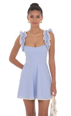 Ruffle Strap A-line Dress in Powder Blue | LUCY IN THE SKY Light Blue Sleeveless Cotton Mini Dress, Cotton Dress With Ruffled Straps And Lining, Light Blue Mini Dress With Ruffled Straps For Spring, Square Neck Cotton Mini Dress With Ruffles, Blue Cotton Mini Dress With Ruffles, Preference Round Recruitment, Preference Round Recruitment Outfits, Little Blue Dress, Recruitment Outfits