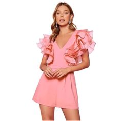 Exaggerated Mesh Ruffle Sleeves & Zipper Back Pink Ruffled Summer One-piece, Pink Ruffled One-piece For Beach, Pink Ruffle Bubble Romper For Playwear, Summer Ruffled V-neck Sleepwear, Pink Ruffle Sleeve T-shirt With Ruffles, Mesh, Pant Jumpsuit, Jumpsuit Romper, Pants For Women